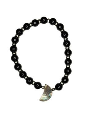 Abalone moon carving with black onyx beads handmade bracelet stretchy 7inch